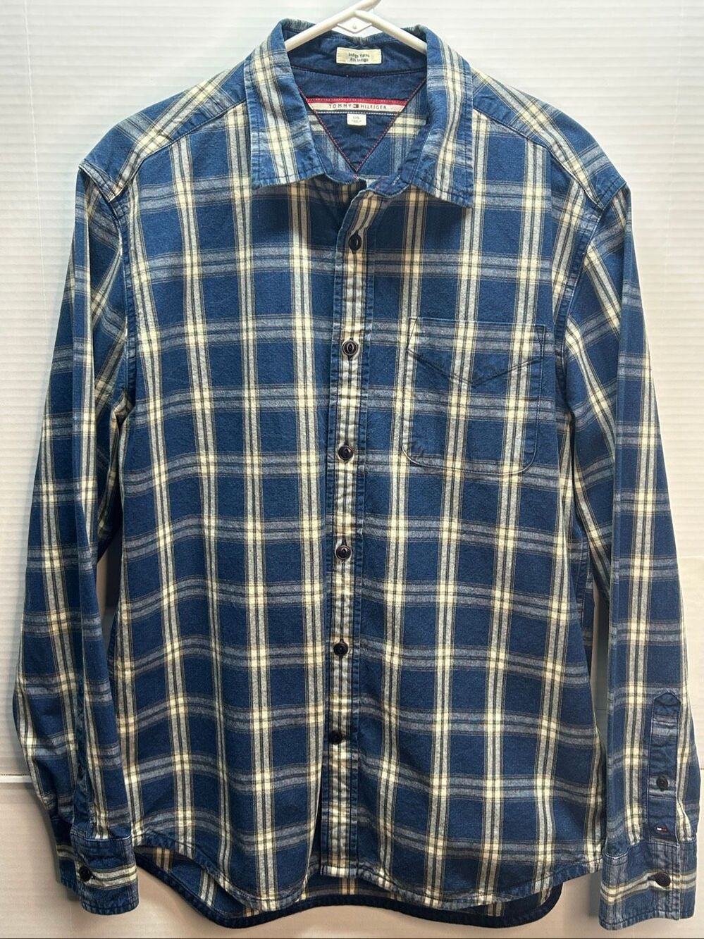 Tommy Hilfiger Indigo Yarns Blue Plaid Button Down Shirt Men's Size L Long Sleev